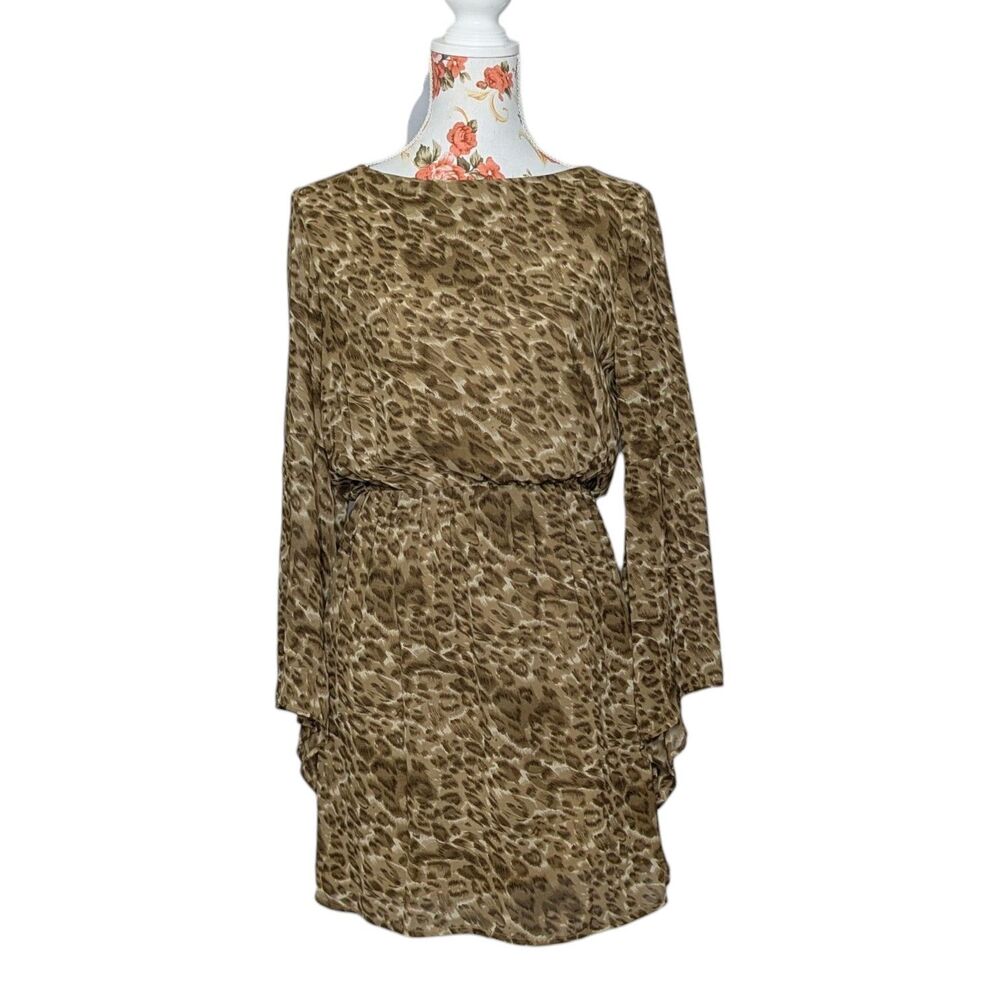 W118 By Walter Baker Sz S Leopard Print Dress Long Flounce Sleeve Animal Brown
